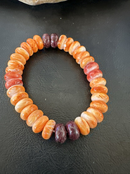 Orange Purple Spiny Oyster 12mm Bead Navajo Stretch Bracelet 19252