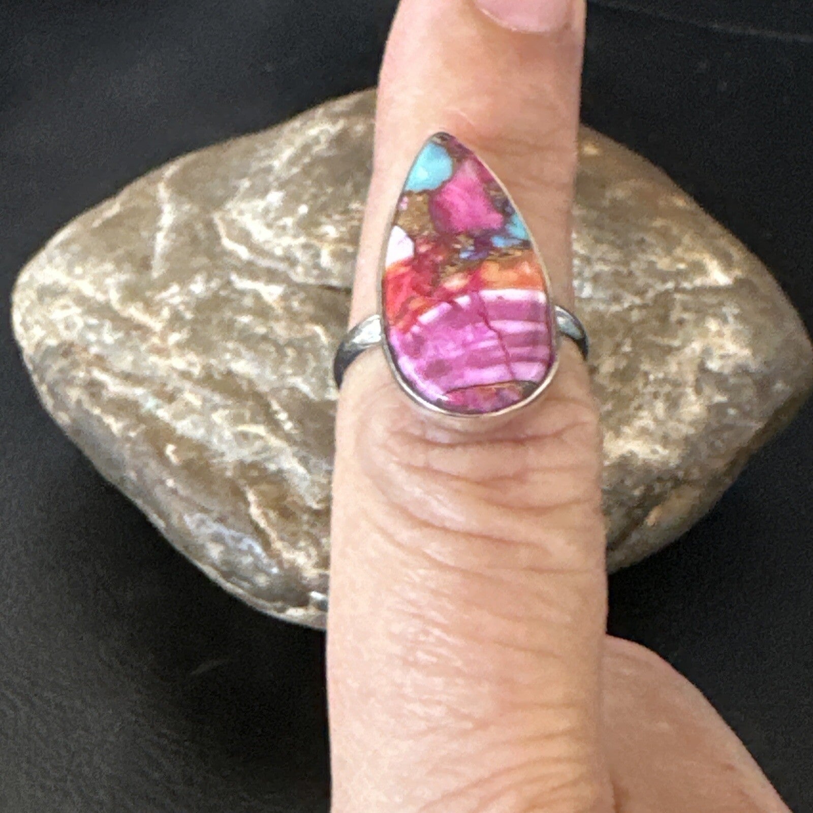 Blue Turquoise Spiny Oyster Southwestern Sterling Silver Ring Size 7 18425