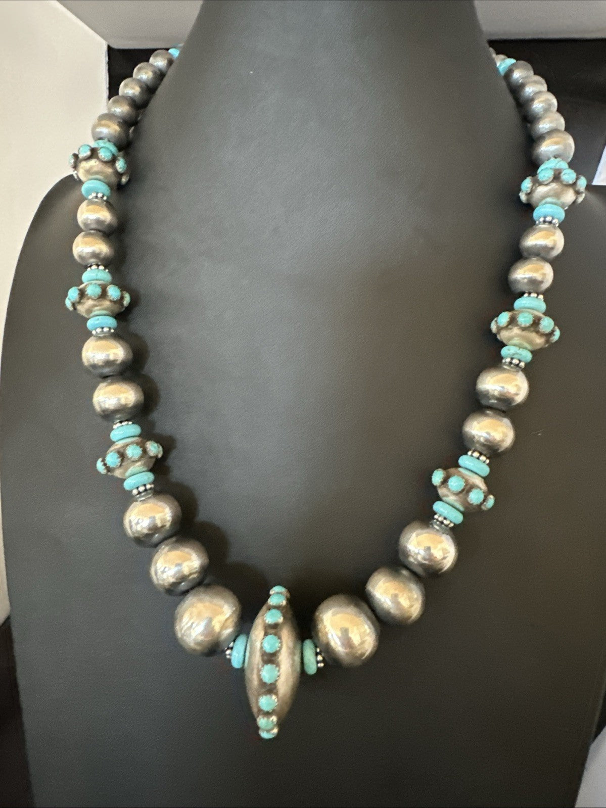 Navajo Pearls Blue Kingman Turquoise Sterling Silver Necklace 23” 19449