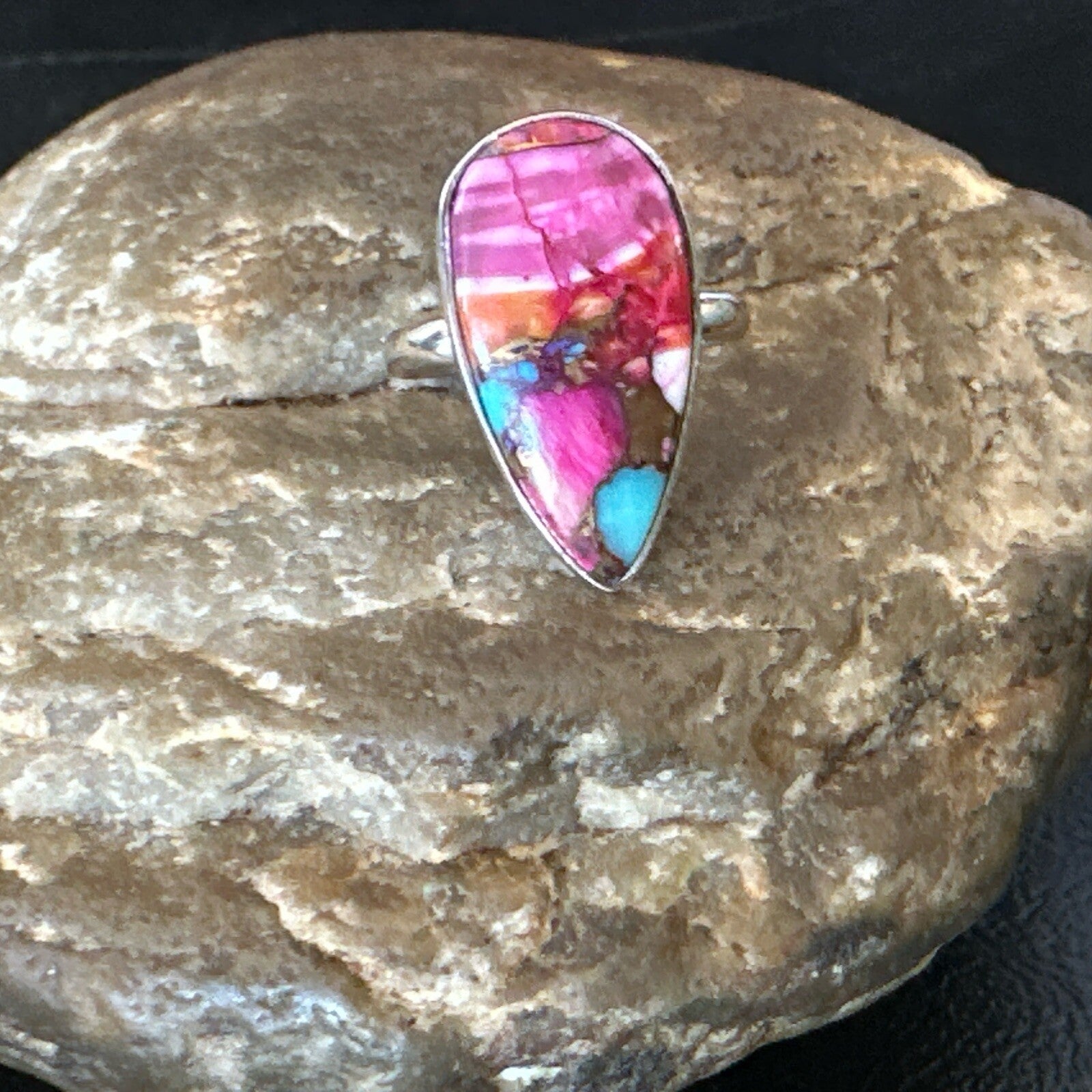 Blue Turquoise Spiny Oyster Southwestern Sterling Silver Ring Size 7 18425