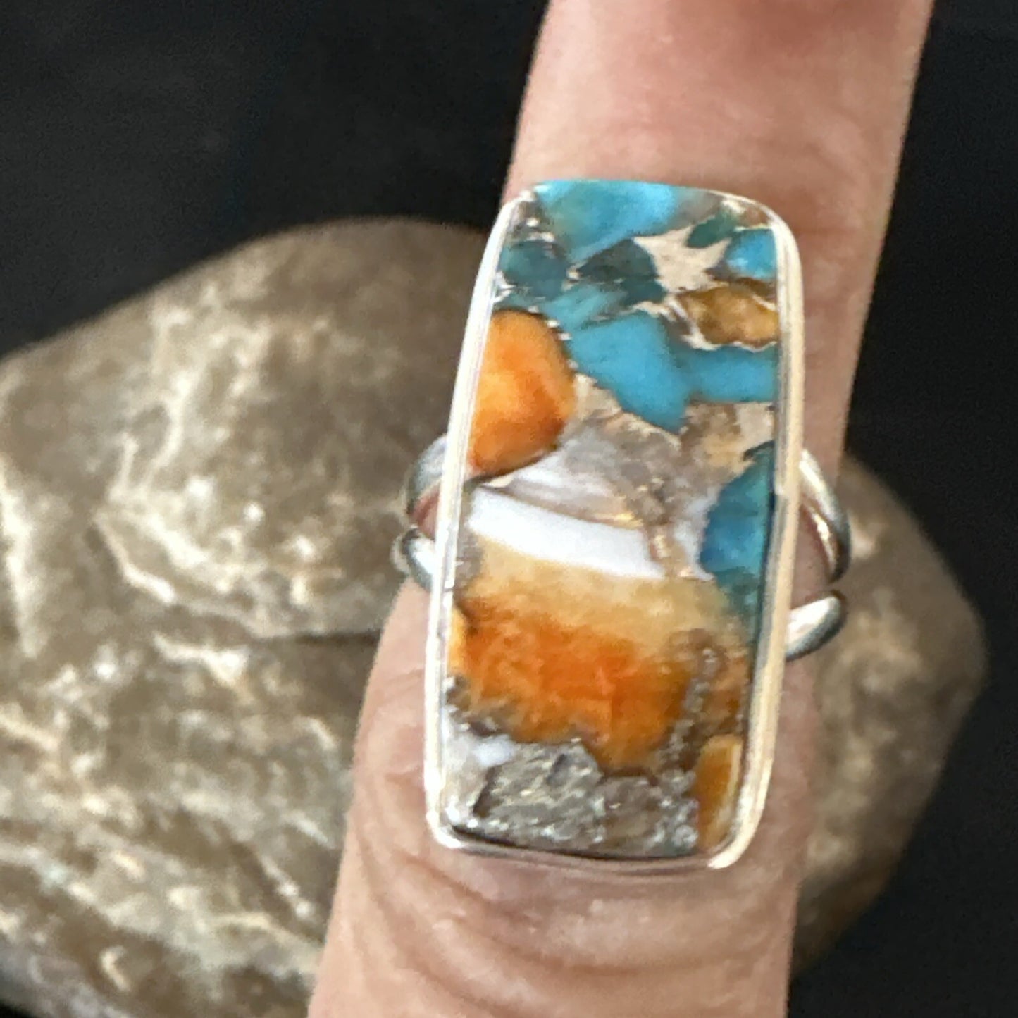 Blue Turquoise Spiny Oyster Southwestern Sterling Silver Ring Size 6 18513