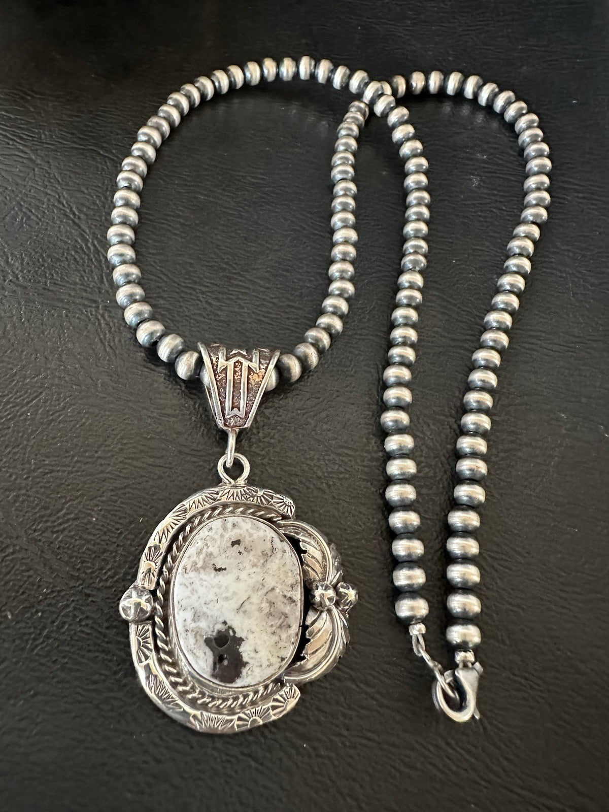 White Buffalo Turquoise Pendant Navajo Pearls Sterling Silver Necklace 19375