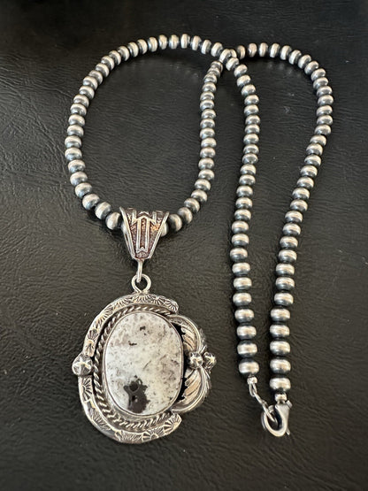 White Buffalo Turquoise Pendant Navajo Pearls Sterling Silver Necklace 19375