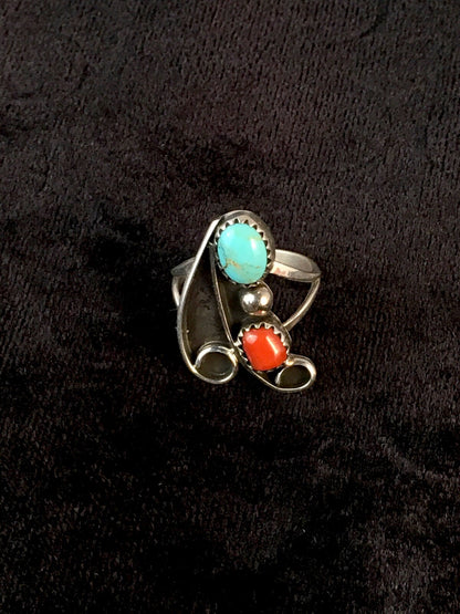 Mens Turquoise & Coral Navajo Sterling Silver Ring Size 6.5 08714