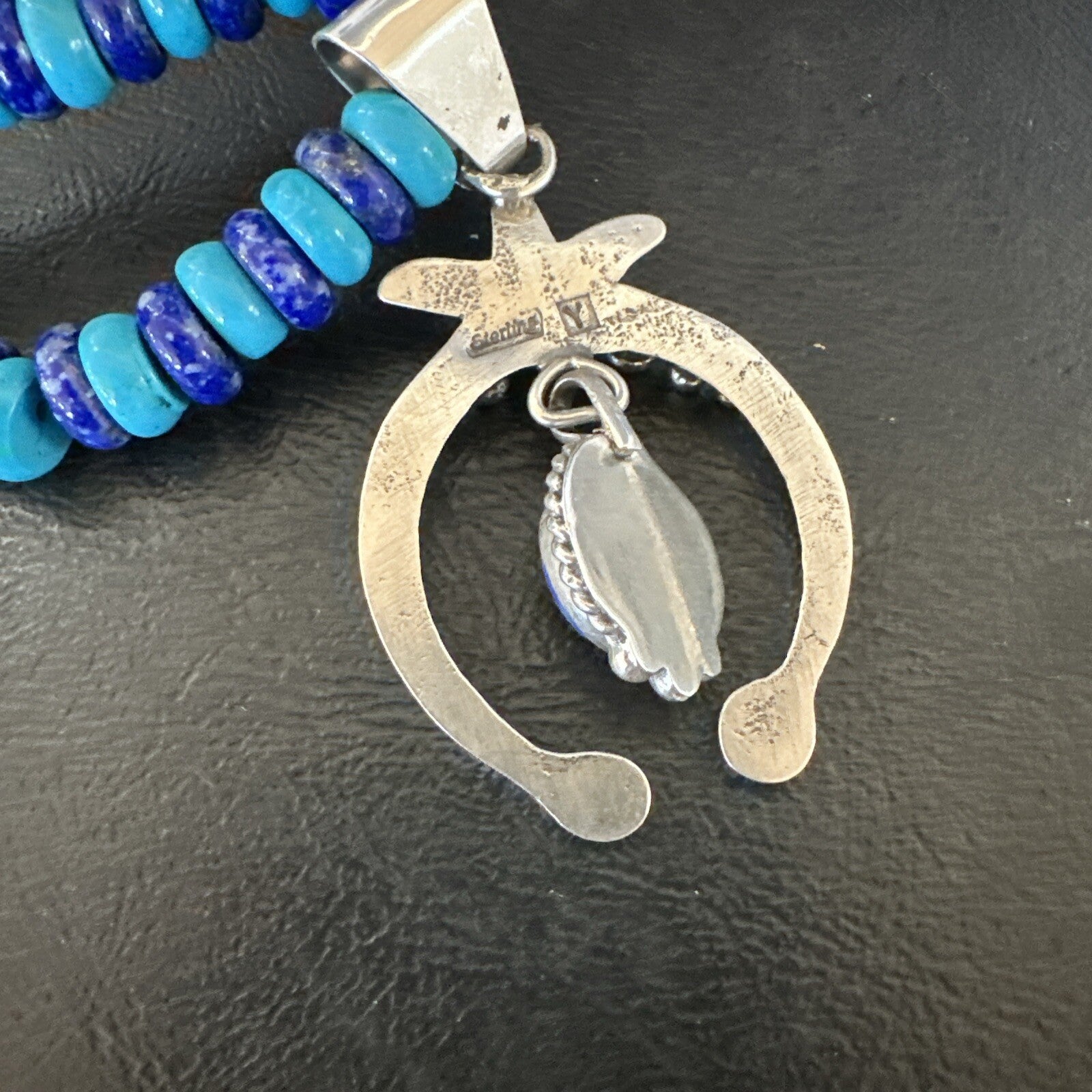 Blue Denim Lapis Turquoise Naja Pendant Navajo Sterling Silver Necklace 21"17688
