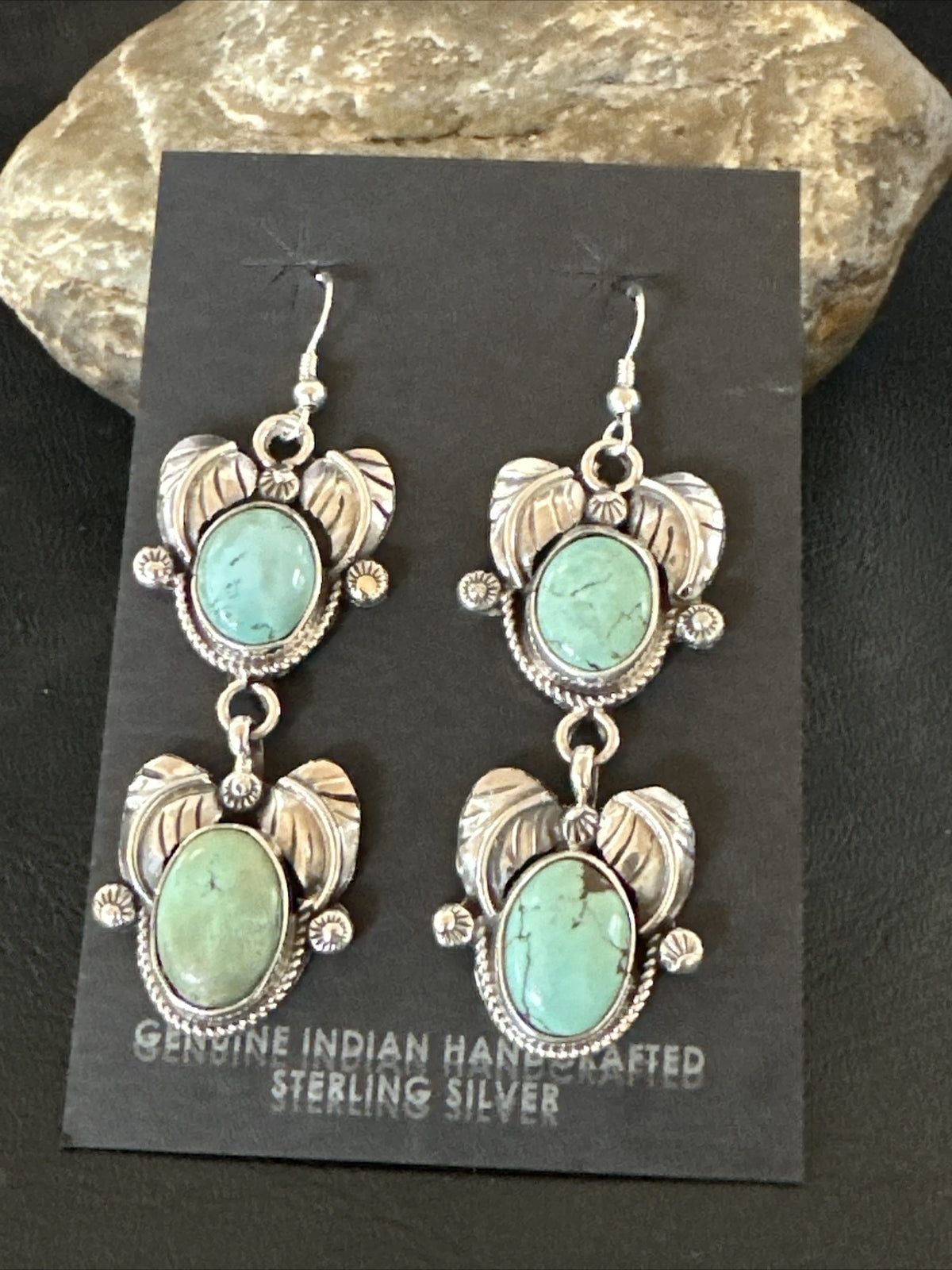 Native Navajo Blue Creek Turquoise Sterling Silver Dangle Earrings 2” 17918