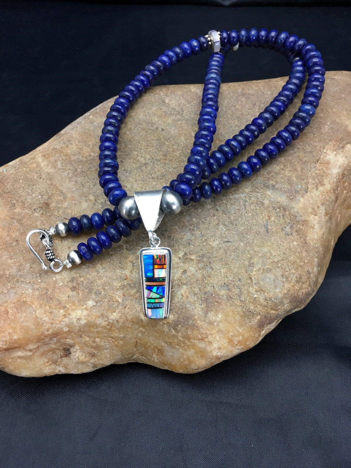NAVAJO Sterling Silver Necklace Lapis Opal Pendant Set 22" 2907