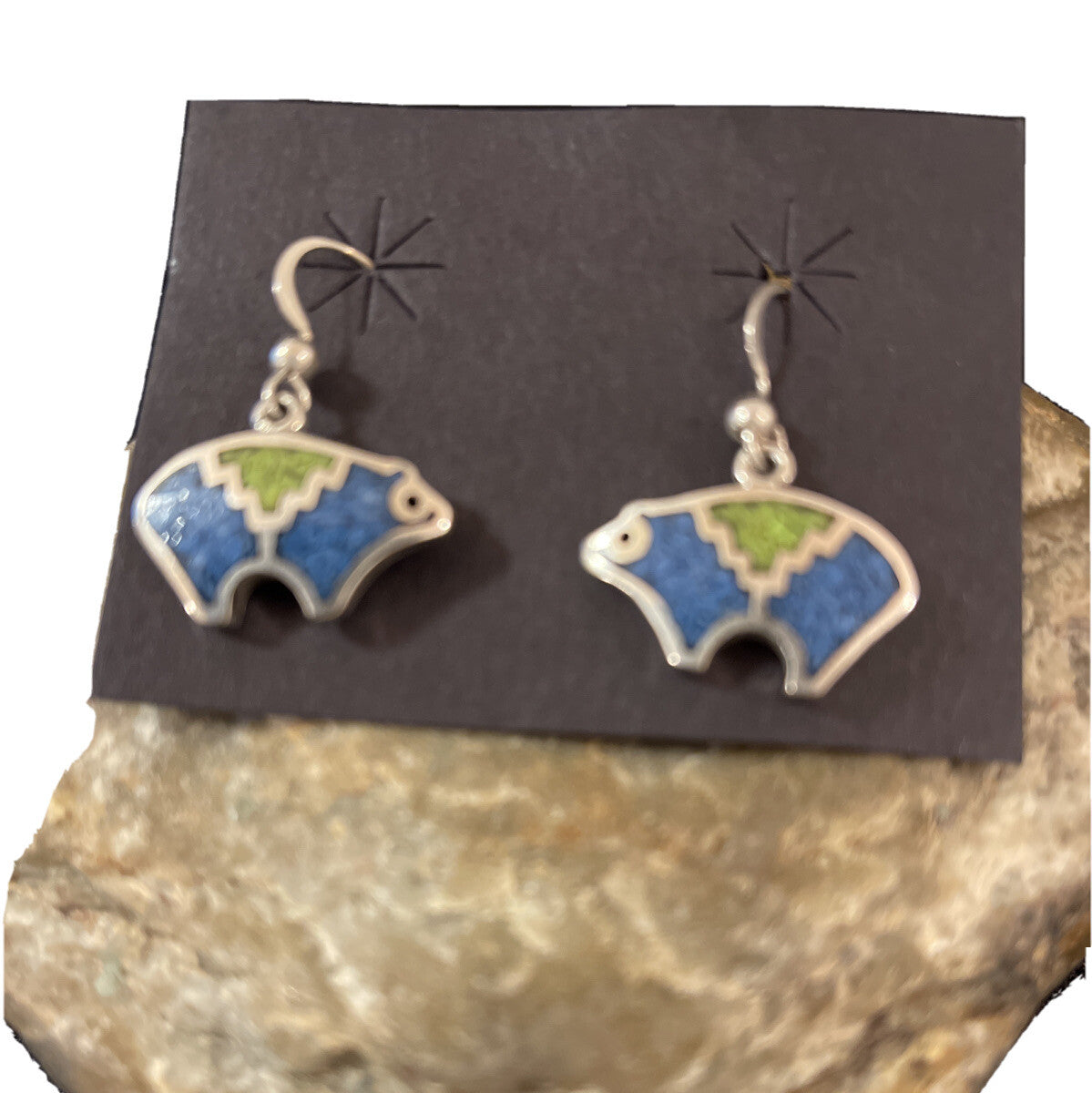 Blue Lapis & Green Turquoise Sterling Silver Bear Inlay Earrings 0.25" 01510