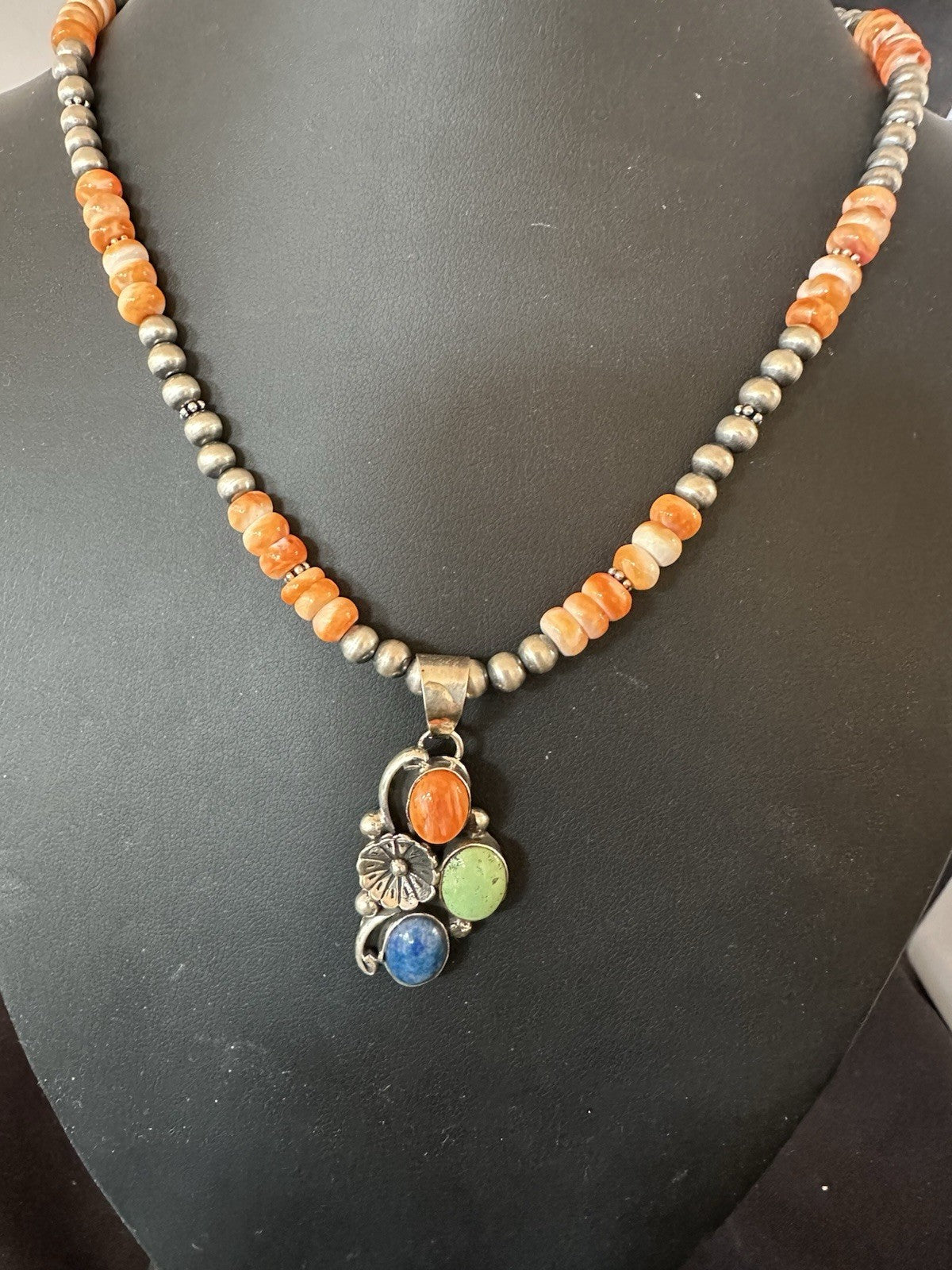 Orange Spiny Oyster Navajo Pearls Sterling Silver Necklace Pendant 19379
