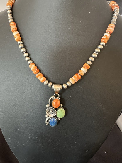 Orange Spiny Oyster Navajo Pearls Sterling Silver Necklace Pendant 19379