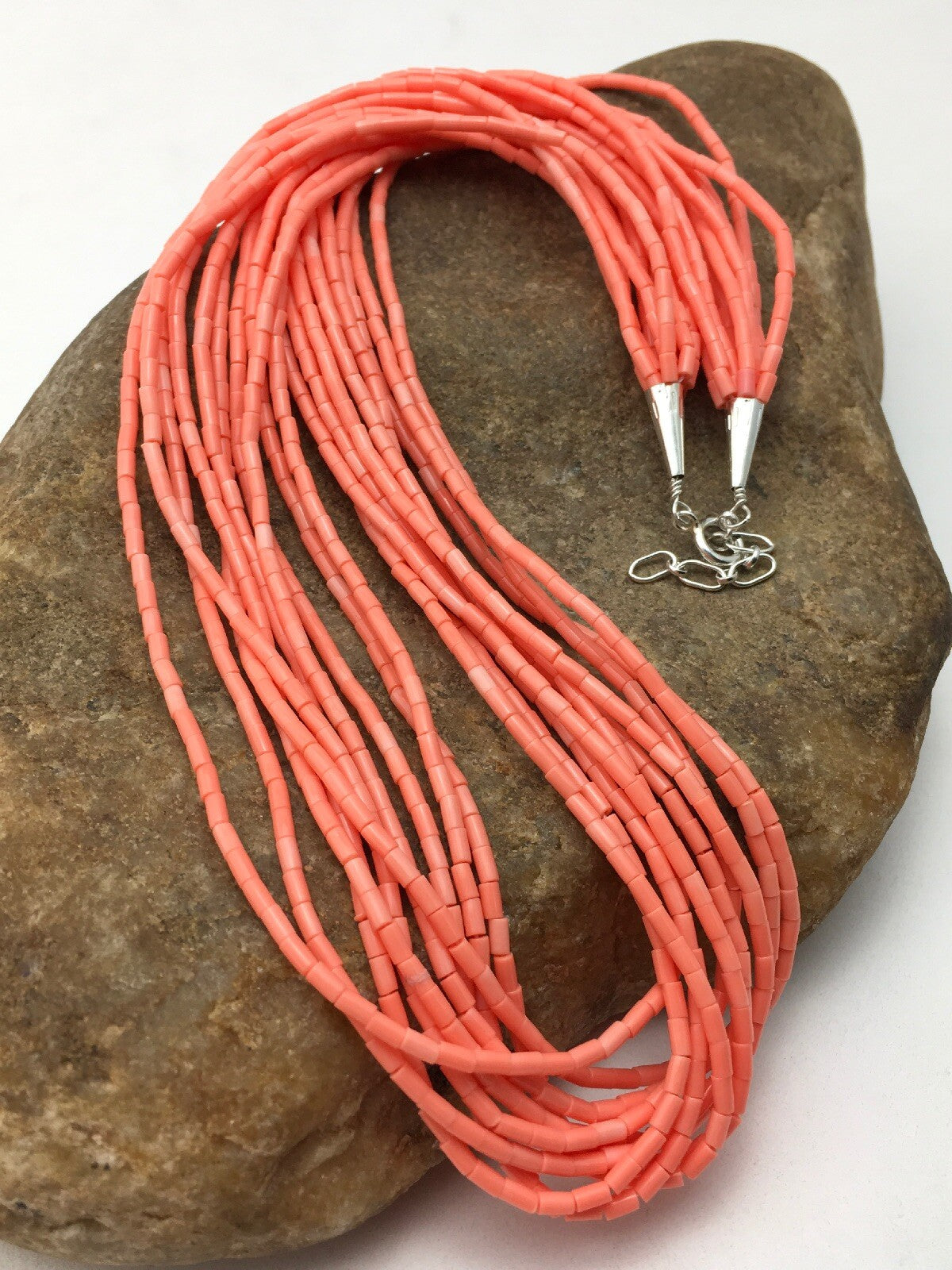 Native American Pink Coral Navajo Sterling Silver Necklace 10 Strand 4388