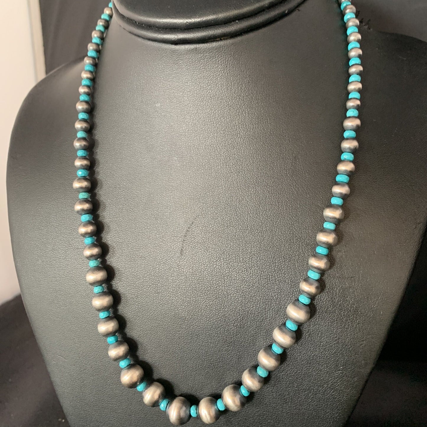 Navajo Pearls Graduated Sterling Blue Turquoise Bead Necklace 16" 96116