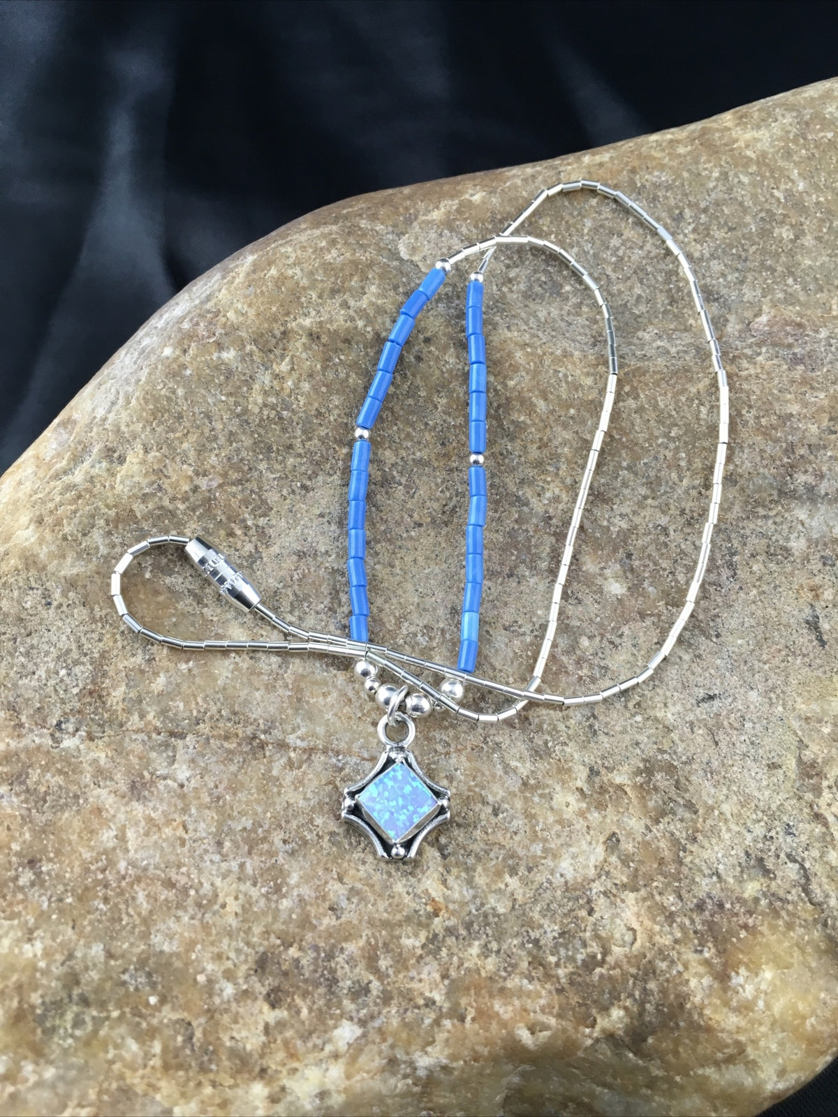 Girls Opal Pendant Lapis Beads Sterling Silver Necklace 15" 10124