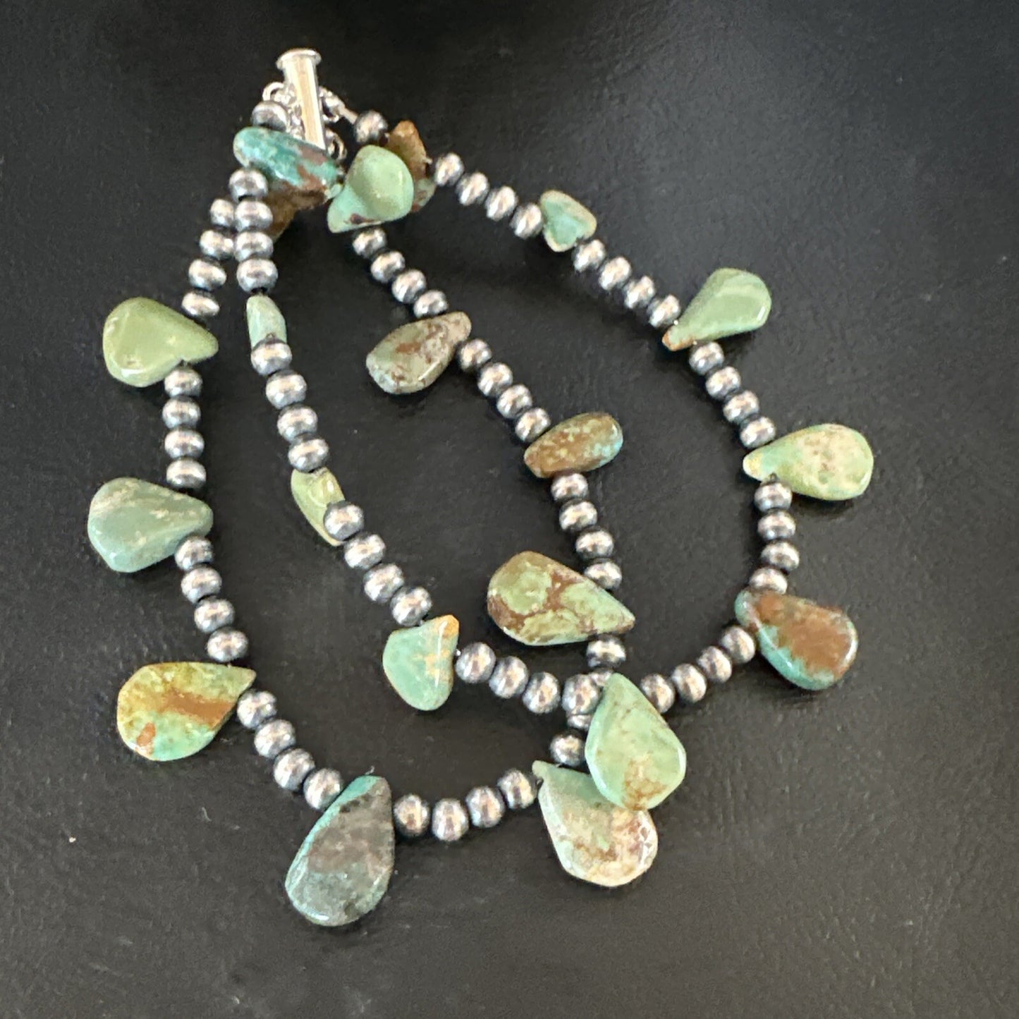 Navajo Sterling Silver Beads Green Turquoise Teardrop Bracelet 2S 7.5" 15259