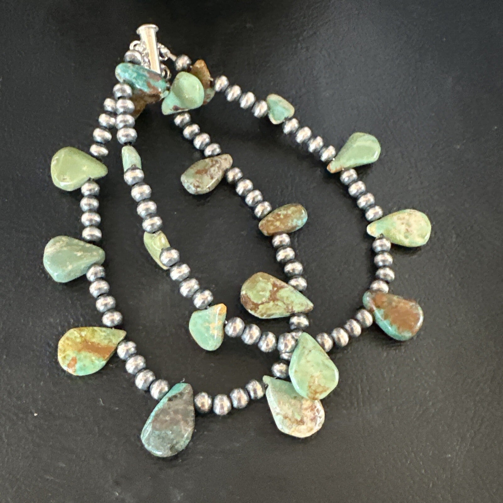 Navajo Sterling Silver Beads Green Turquoise Teardrop Bracelet 2S 7.5" 15259