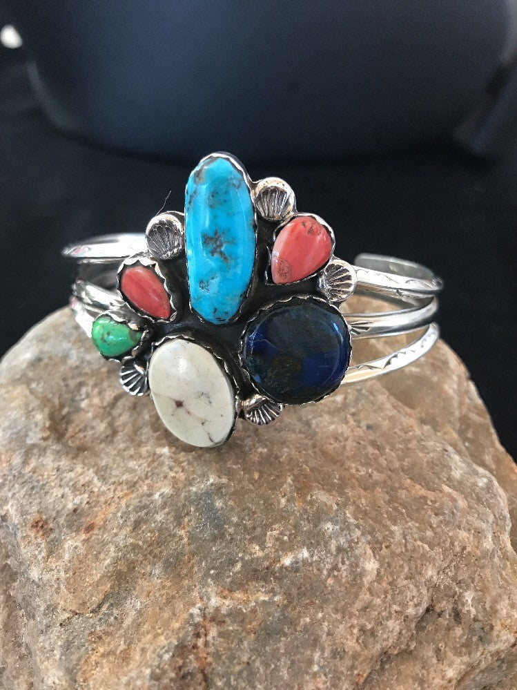 Navajo Wild Horse Turquoise Spiny Oyster Lapis Sterling Bracelet Platero