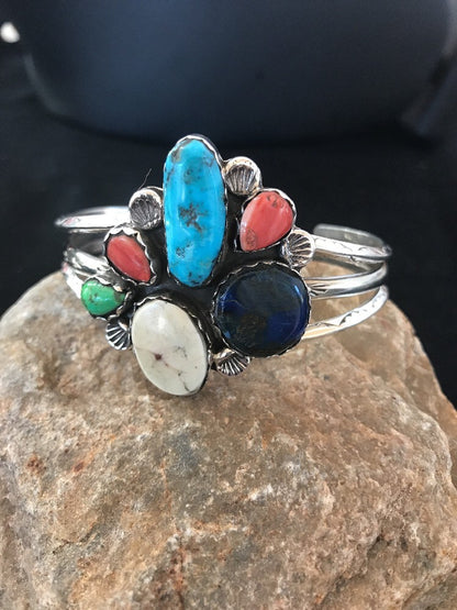 Navajo Wild Horse Turquoise Spiny Oyster Lapis Sterling Bracelet Platero