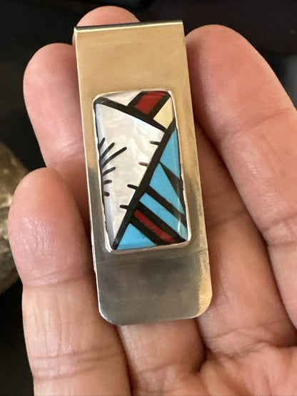 A Zuni Mens Turquoise Spiny Inlay Stainless Sterling Silver Money Clip 17833