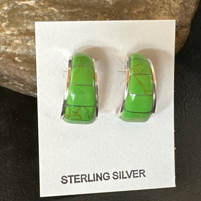Southwestern Sterling Silver Green Gaspiete Inlay Earrings 1” 19266