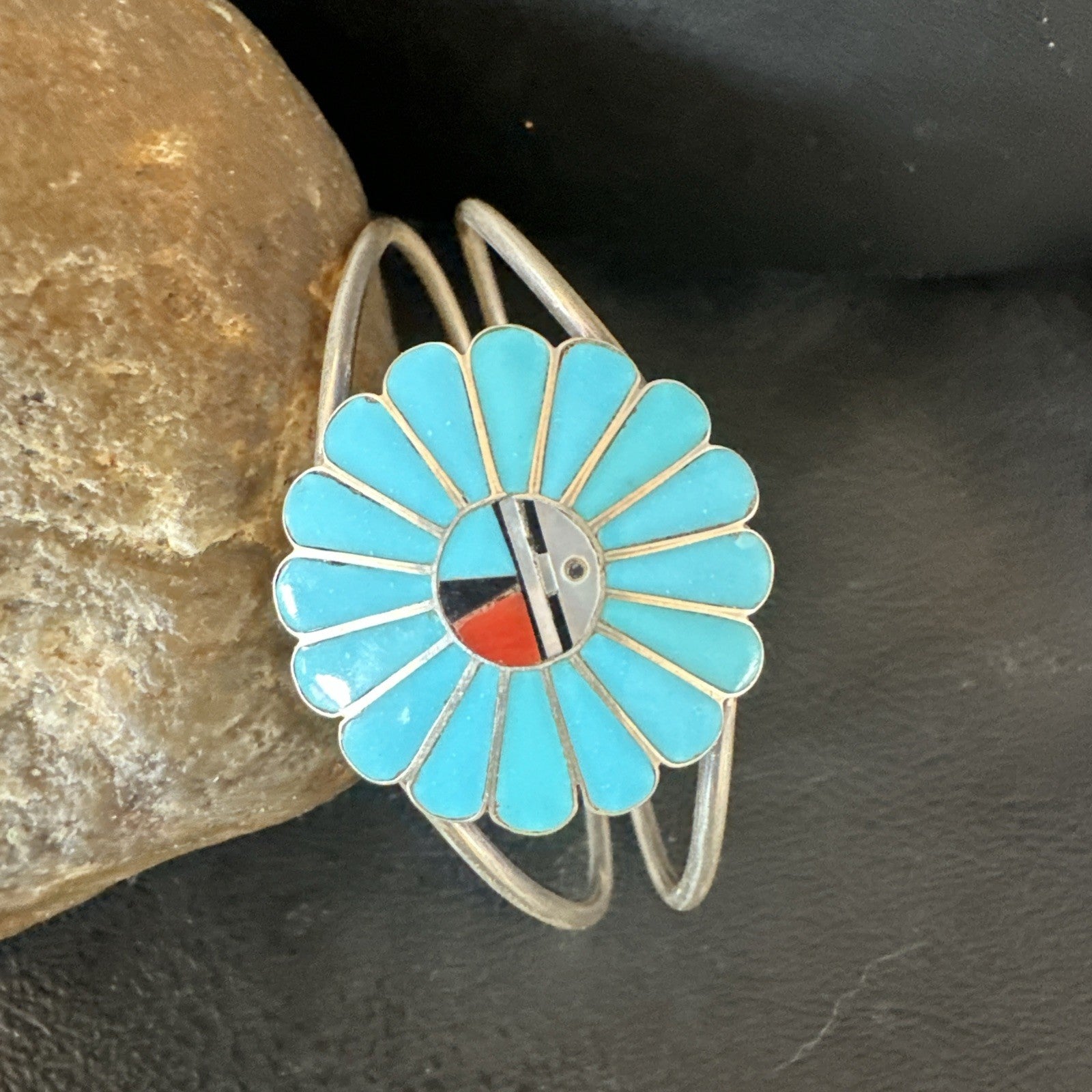 Old Pawn Sunface Turquoise Zuni Sterling Silver Onyx Bracelet 6.5” 19129