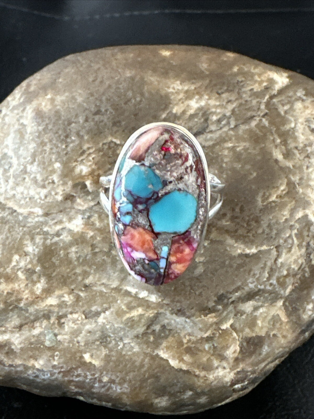 Blue Turquoise Purple Spiny Oyster Navajo Sterling Silver Ring Size 10 18206