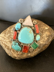 Old Pawn Navajo Blue Turquoise Coral Ring Multi-Stone Cluster Sz 9 19825