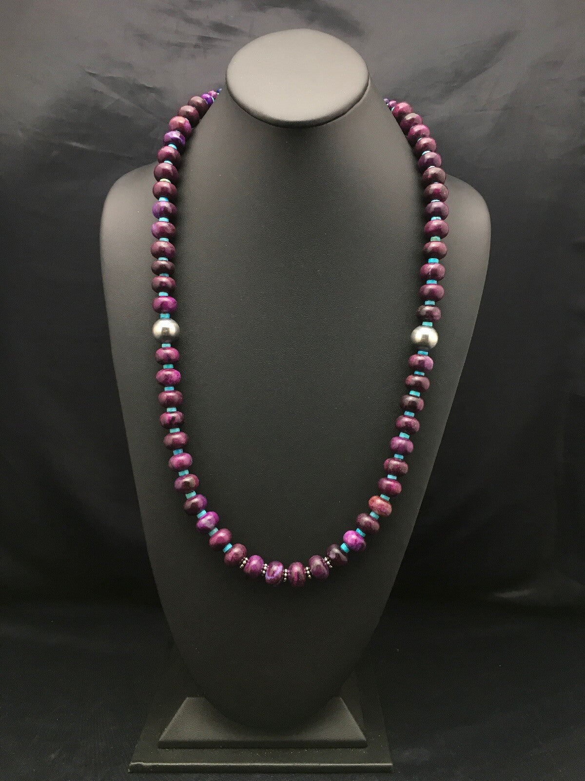 Purple Stone & Turquoise Bead Navajo Indian Sterling Necklace 27" 04061