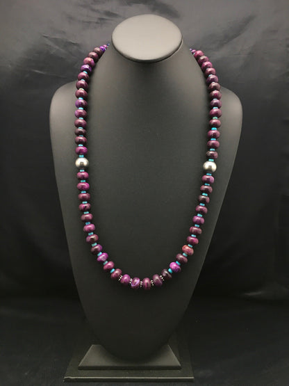 Purple Stone & Turquoise Bead Navajo Indian Sterling Necklace 27" 04061