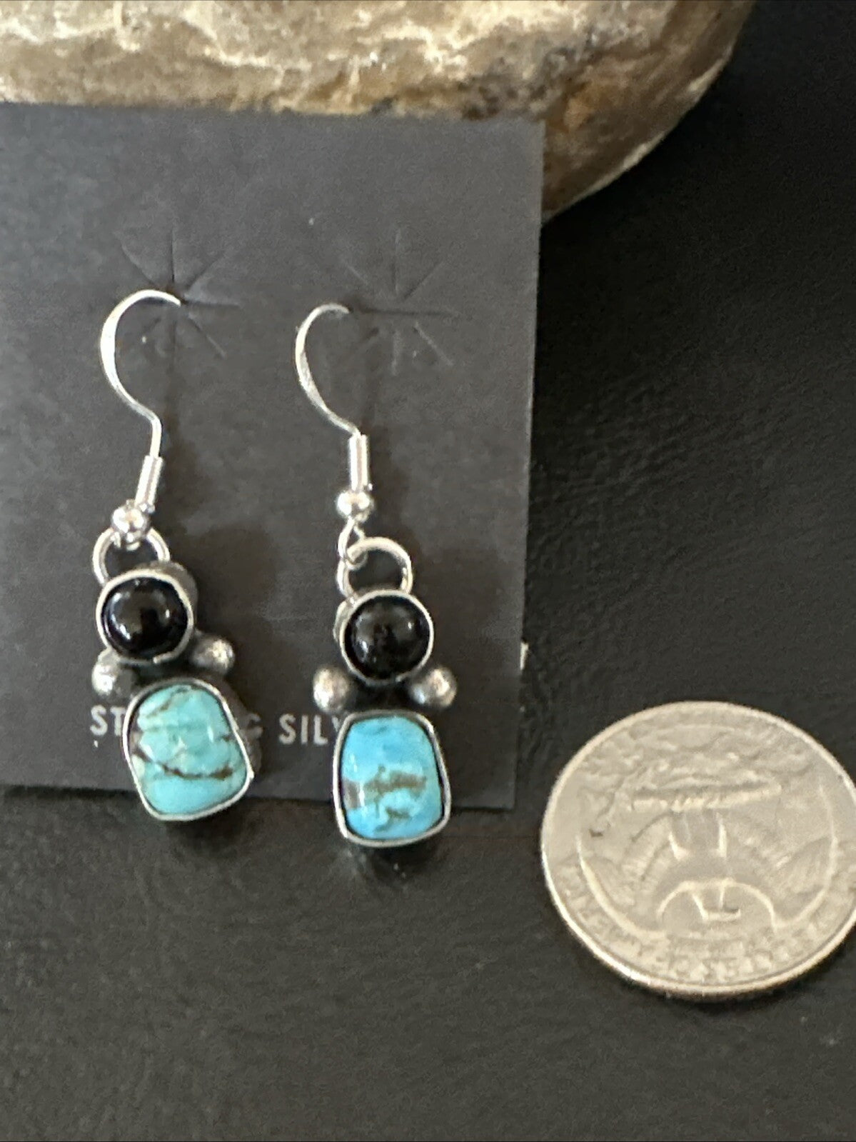 Handmade Kingman Turquoise Onyx Navajo Sterling Silver Dangle Earrings 18847