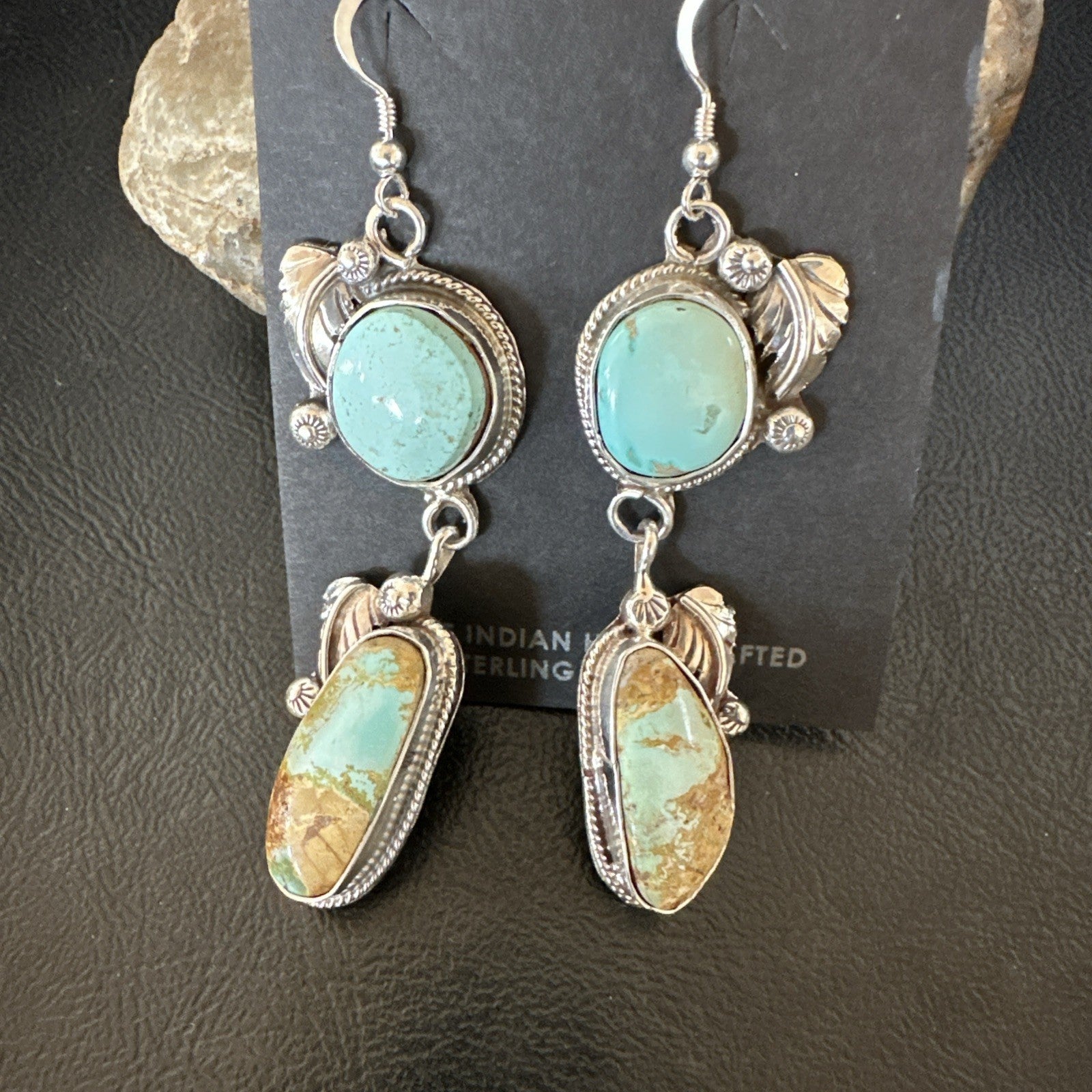 Green Royston Turquoise Navajo Sterling Silver Dangle Earrings 19601