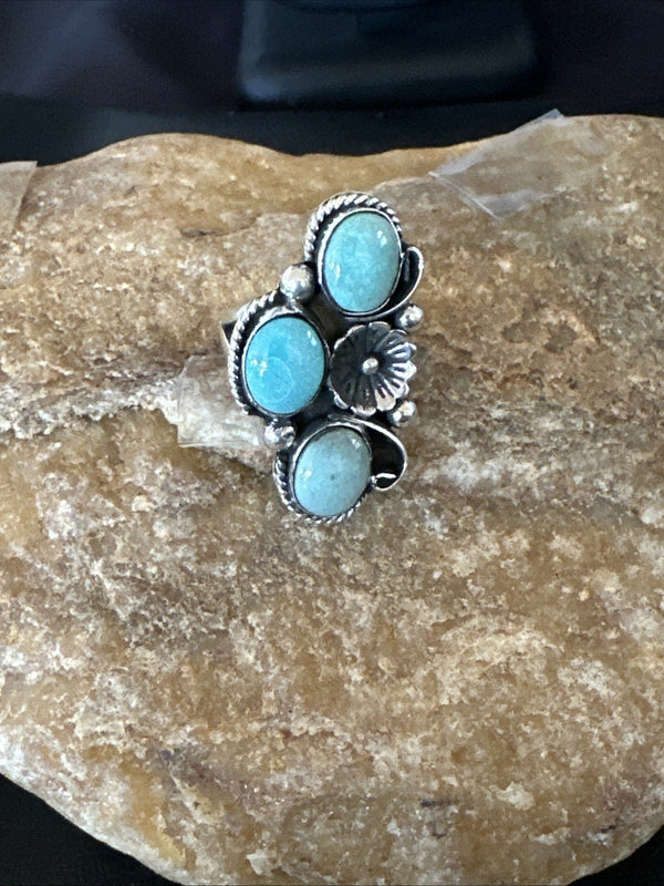Yazzie Ring Green Turquoise Navajo Cluster Size 8 | Sterling Silver | Authentic Native American Handmade | 19222