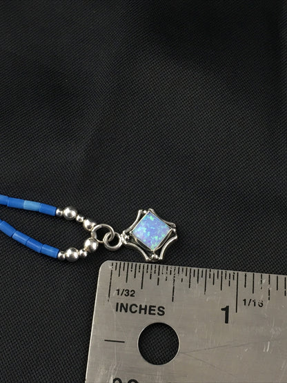 Girls Opal Pendant Lapis Beads Sterling Silver Necklace 15" 10124
