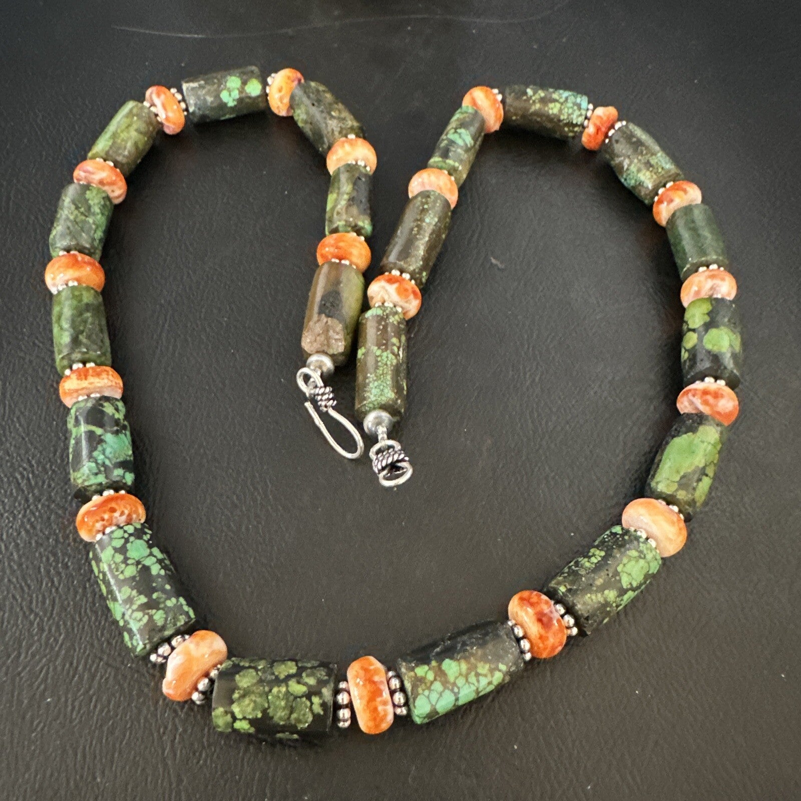 Green Turquoise Spiny Oyster Native Navajo Pearls Sterling Silver Necklace 14985