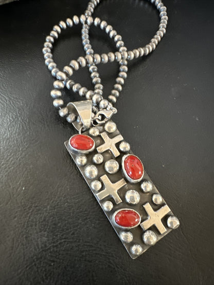 Navajo Pearls Red Coral Necklace Pendant 20” Native American 15909