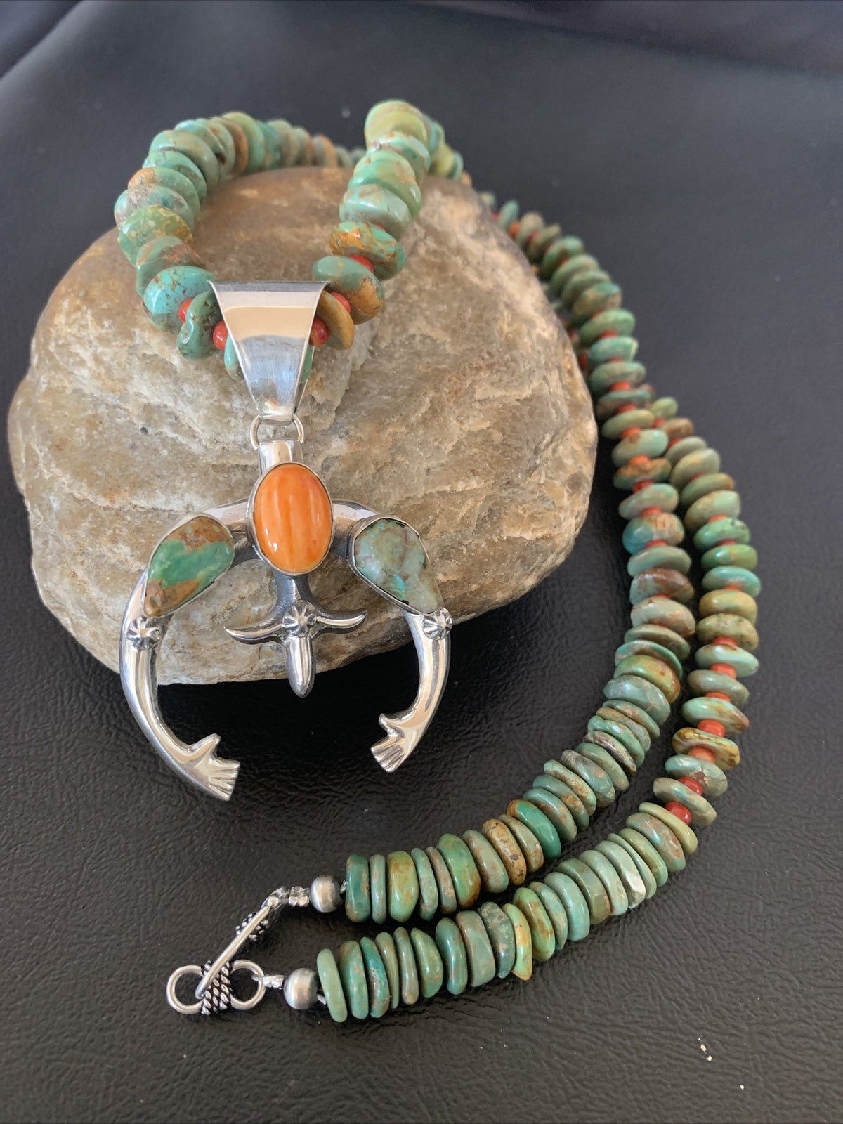 Blue Turquoise Spiny Oyster Naja Pendant Navajo Sterling Silver Necklace 10255