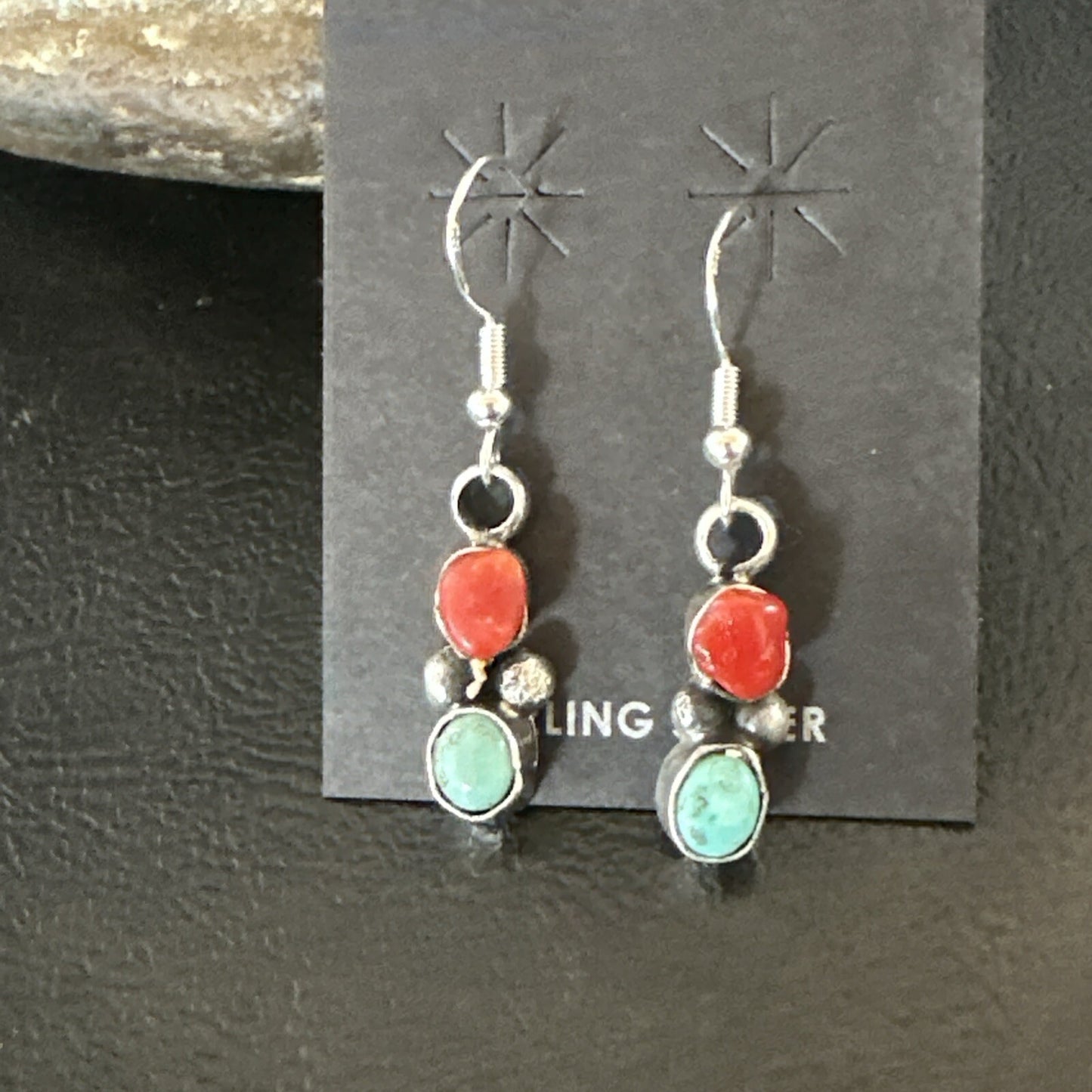 Handmade Blue Turquoise Red Coral Sterling Silver Navajo Dangle Earrings 18841
