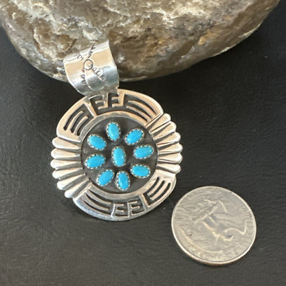 Blue Kingman Turquoise Navajo Sterling Silver Cluster Pendant 2"19285