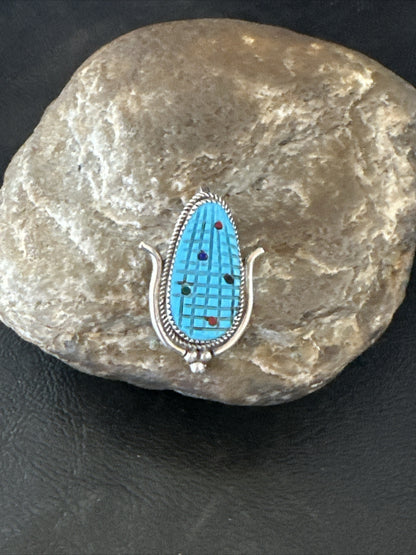 CORN INLAY Blue Turquoise MOP Spiny Zuni Sterling Silver Pin Pendant 17850