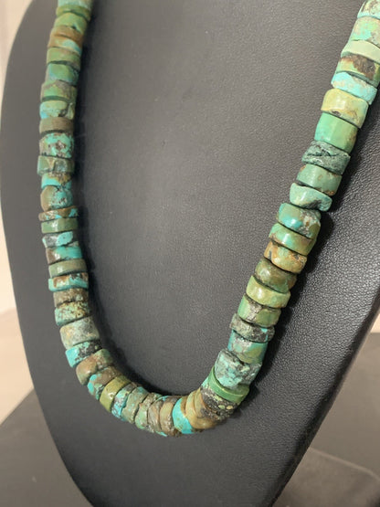 Native Navajo Turquoise 12mm 26” Heishi Sterling Silver Bead Necklace 00384A