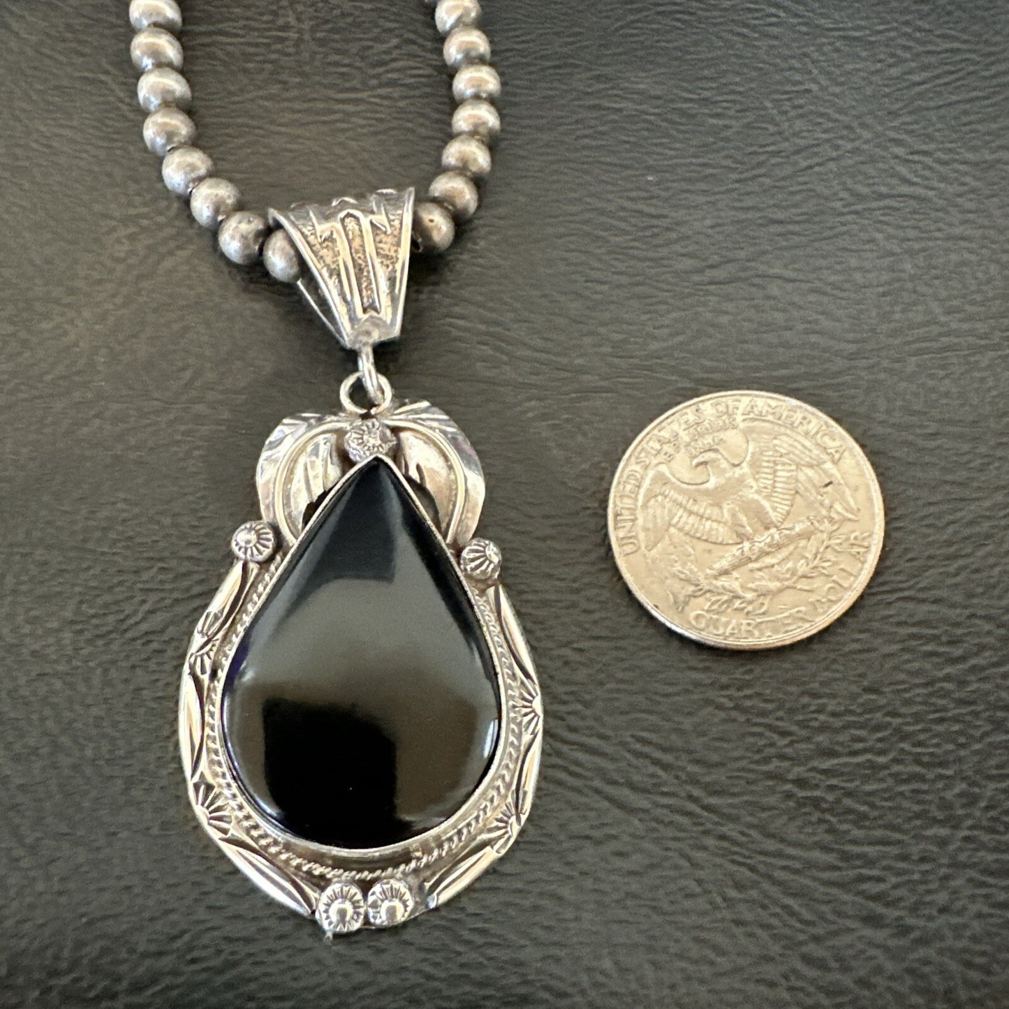 Mens Womens Black Onyx Pendant Navajo Sterling Silver Beads Necklace 18352