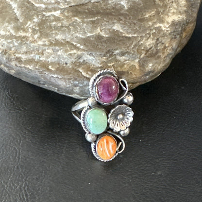Multicolor Ring Turquoise Spiny Navajo Sterling Silver Cluster Size 9 19173