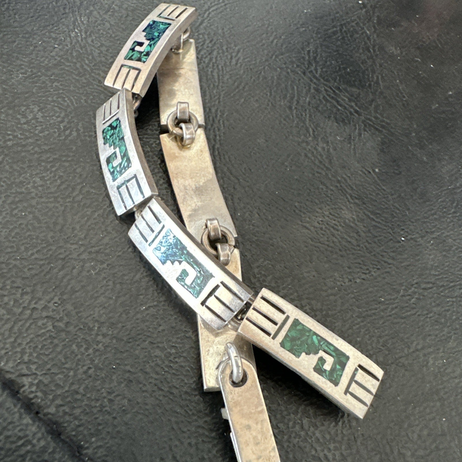 Taxco Turquoise Chip Inlay Sterling Silver Choker Old Pawn Bracelet 7” 19795