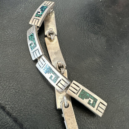 Taxco Turquoise Chip Inlay Sterling Silver Choker Old Pawn Bracelet 7” 19795