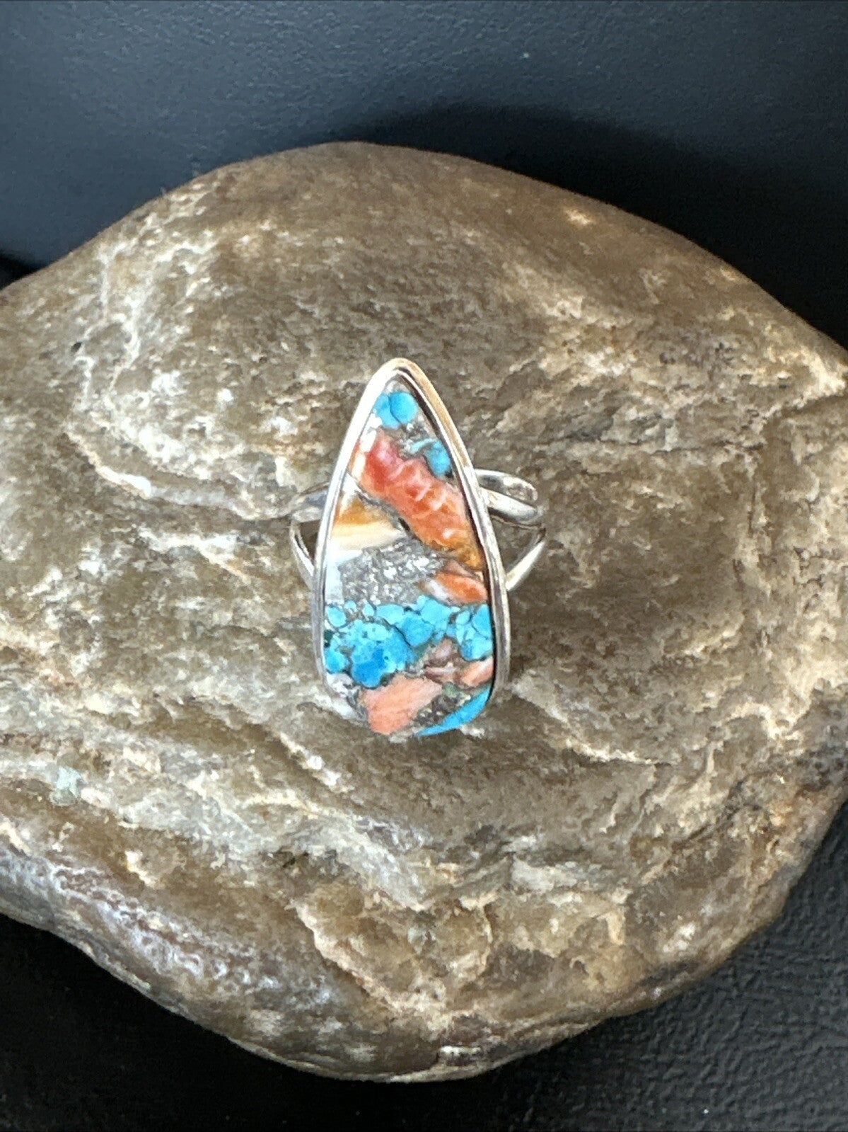 Blue Turquoise Orange Spiny Oyster Navajo Sterling Silver Ring Size 6 18211