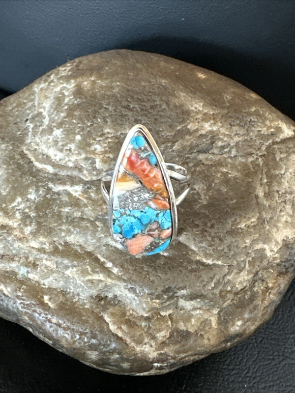 Blue Turquoise Orange Spiny Oyster Navajo Ring Size 6 | Sterling Silver | Authentic Native American Handmade | 18211