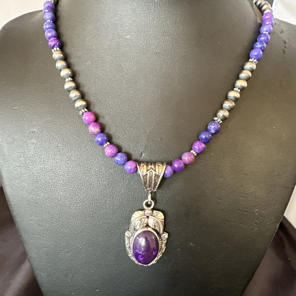 Purple Stone Pendant Navajo Beads Necklace | Sterling Silver | Authentic Native American Handmade | 18390