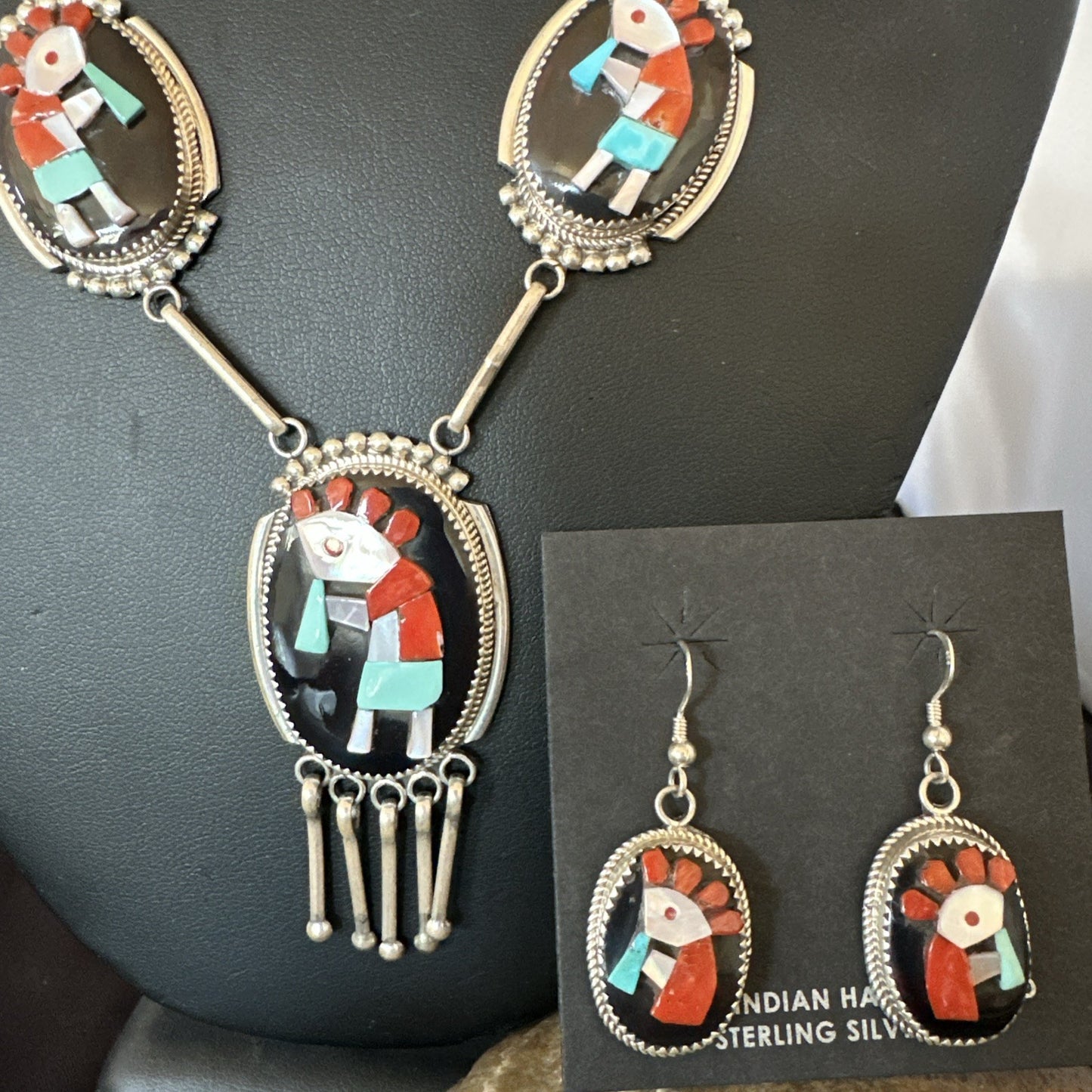Kokopelli Turquoise Coral Zuni Inlay Sterling Silver Necklace Earrings 19078 Set