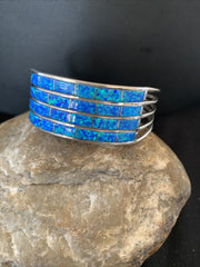 Blue Faux Opal Southwestern Zuni Cuff Inlay Bracelet | Sterling Silver | Authentic Native American Handmade | 01028