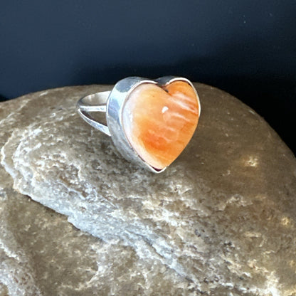 Orange Heart Ring Handmade Navajo Spiny Oyster Sterling Silver Sz 9 19329