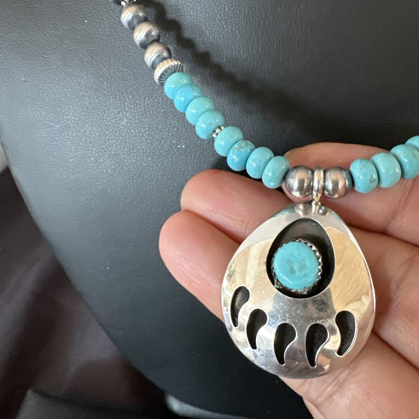 Mens Blue Turquoise BearPaw Pendant Navajo Pearls Sterling Silver Necklace 17880